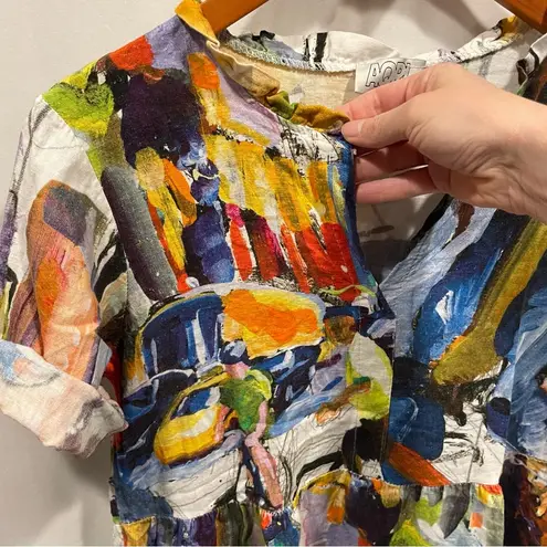 AQRL abstract art roll sleeve Basquiat ruffle mini linen blend breezy boutique Red