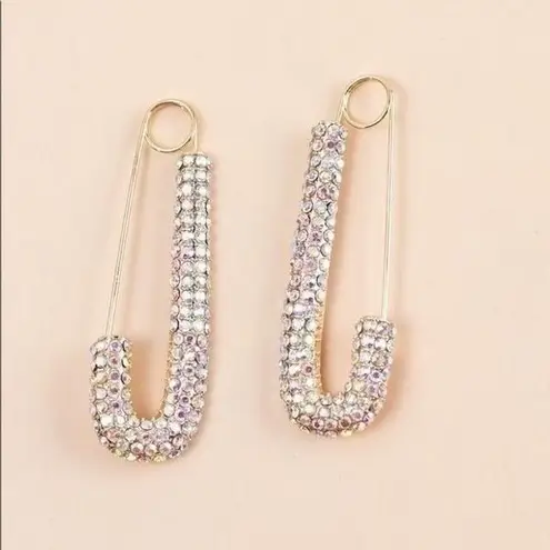 Bling Rhinestone Safety Pin Earrings Dangle Drop Statement Fashion Jewelry Gold