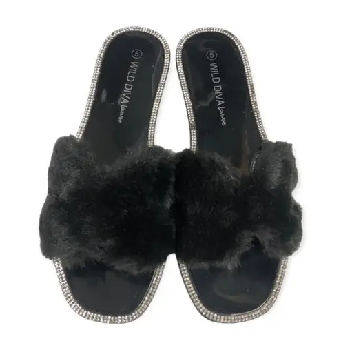 Wild Diva  Lounge Black Faux Fur Rhinestone Slides