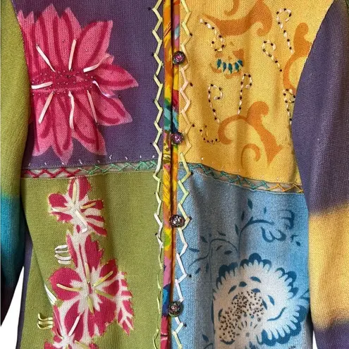 Vintage Sandy Starkman Floral Embroidered Art To Wear Cardigan Green