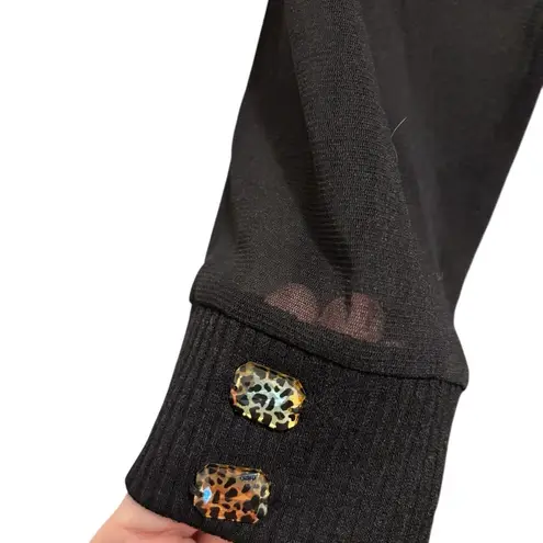 Joseph Ribkoff Black Leopard SS Hoodie Knit Top Jacket Sz 10 Sheer Sleeve Dressy