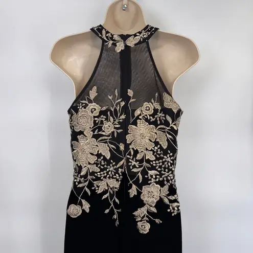 Vintage Y2K Cachet Black Velvet Gold Embroidered Fairy Halter Formal Dress Sz 6 Black