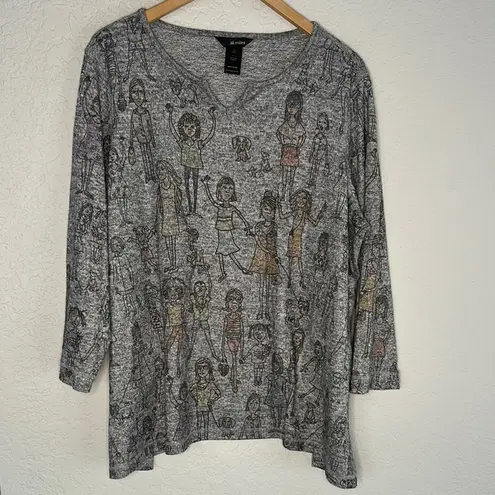 Ali Miles 1X Grey Pullover Top Girl Power Cat Dog Artsy Women Teacher Graphic Gray