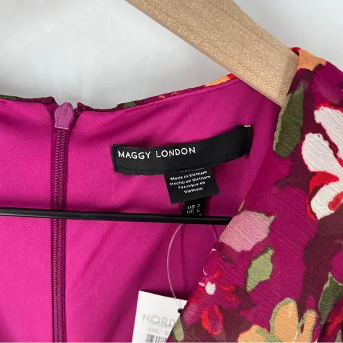 Maggy London Desert Bloom Floral Long Sleeve A-line Dress In Wine Ruffle Trim 2