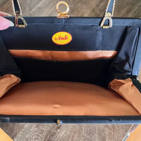 Vintage Ande Black Satin Evening Bag Gold Handle Clutch Party Purse Formal