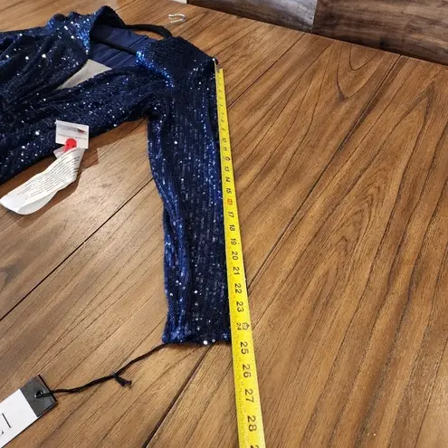 Mac Duggal 26552 v neck long sleeve SEQUINED KNOTTED WAIST MIDNIGHT NAVY GOWN 14