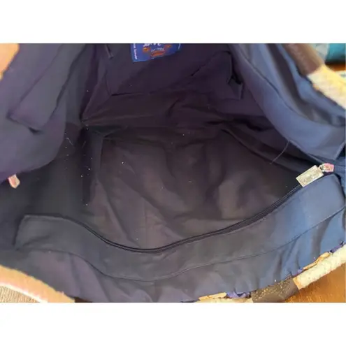 Sun N Sand Beach Tote Natural Navy Blue Stripe Woven Rope Handles Lined Zipper