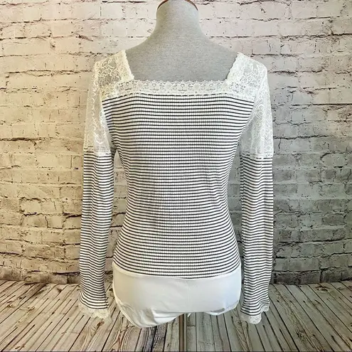 White Birch Striped Long Sleeve Bodysuit With Lace Detail Gray White XL