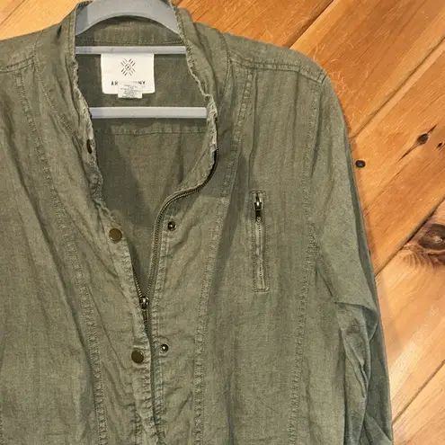 Artisan NY Olive Green Linen Utility Jacket Zip Pocket Military style Shacket
