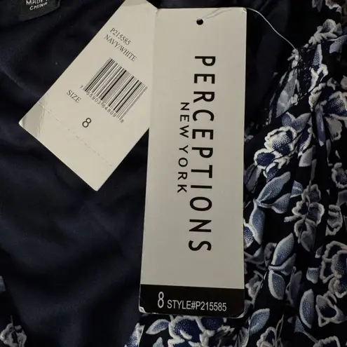 Perceptions NY SZ 8 A-Line Midi Dress Floral Cap Sleeve Empire Waist V-Neck Blue