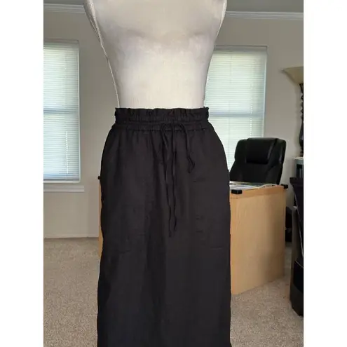 Black Elastic Waist Midi Skirt With Drawstring & Back Slit