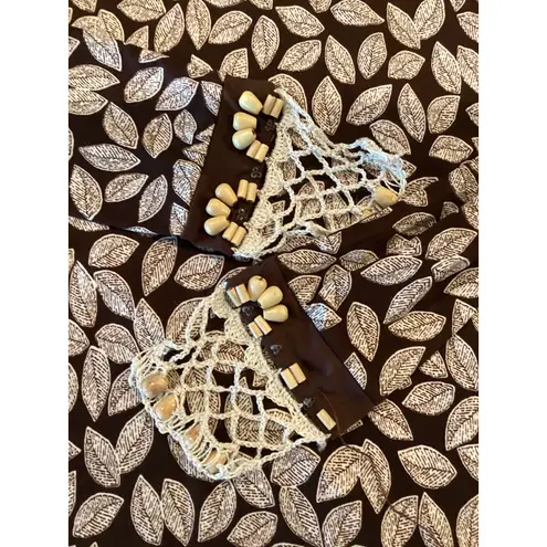 Oscar de la Renta brown & cream floral leaf beaded hem detail sleeveless dress M