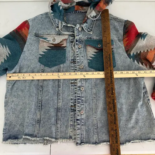 Aztec Denim‎ Jacket Hooded Western Print Raw Hem Oversized Womens 2XL Streetwear Blue Size XXL