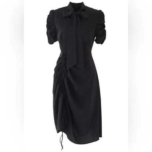 Chicwish Self Tie Bow Neck Side Drawstring Puffy Ruched Sleeves Lined Dress S