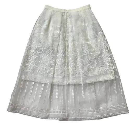 Karen Miller White Embroidered Organza Hi Rise Midi Skirt Women Size 4 | 60-16