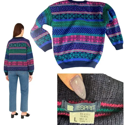 Esprit 80'S/90'S Vintage Geometric Crew Neck Sweater Size LARGE