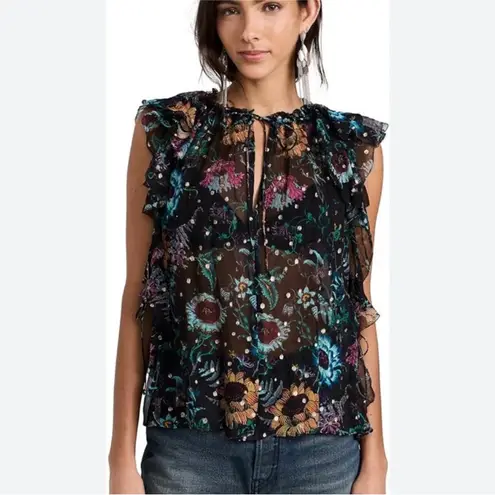 Ulla Johnson NEW Dominique Top Black Iris Floral Print Sheer Silk Blouse Size 2