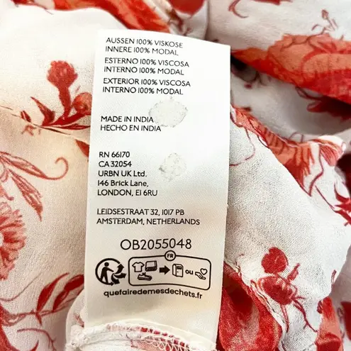 Maeve Floral Print Long-Sleeve Lace-Up Ruffled Sheer Blouse White Red Small P