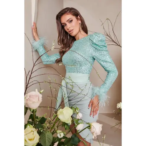 Lavish Lice LAVISH ALICE SEQUIN FEATHER EMBELLISHED MIDI DRESS SAGE Size 2