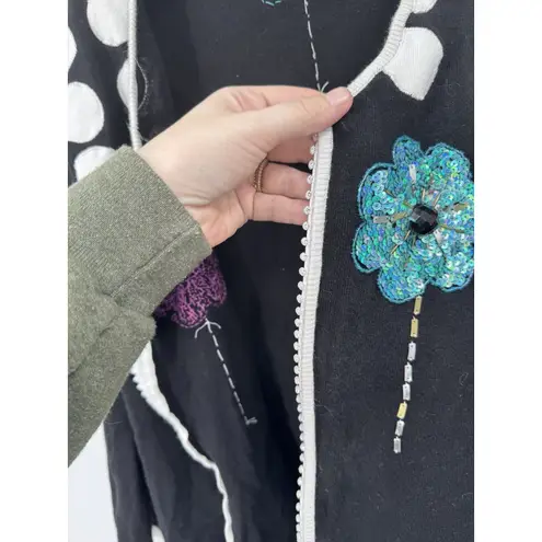 Jack B. Quick Floral Sequin Embroidered Zip Sweater Women XXL Black Retro Funky