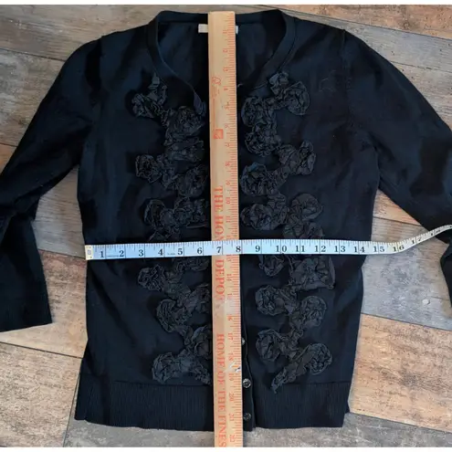 Evie. S Black Silk Blend Cardigan with 3D Rosette Ruffle Embellishments