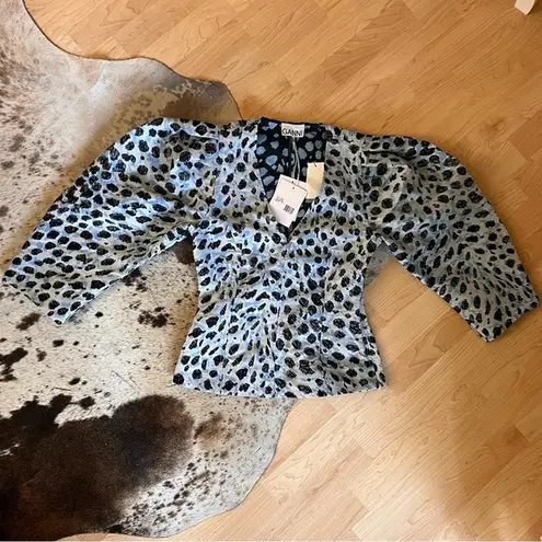 Ganni NWT Jacquard V-Neck Puff Sleeve Blouse in Leopard Print Size 34 XS