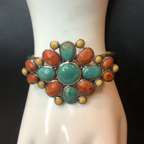 BARSE Sterling Silver Turquoise Spiny Oyster Coral Mosaic Inlay Cuff Bracelet Blue