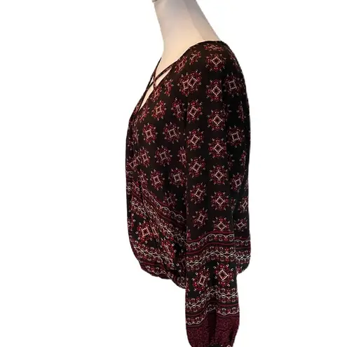 Harlowe $ Graham Harlowe & Graham Black with Red, Tan, White Regal Print Long Sleeve Blouse S