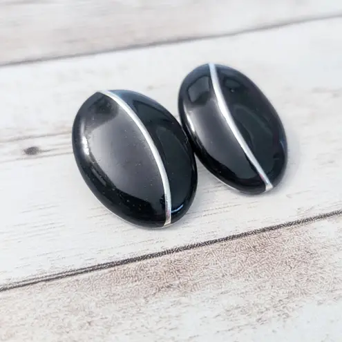 Vintage Stud Earrings For Pierced Ears Black & Silver Tone Statement Oval Retro