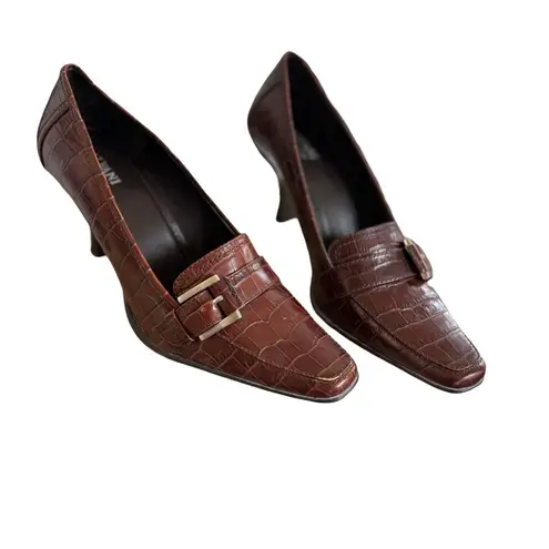 Alfani Y2K VTG. BROWN CROC LEATHER BUCKLE LOAFER HEELS SZ. 8 EUC