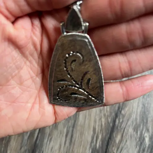 Vintage Stainless Steel Flower Engraved Etched Pendant Necklace with Long Chain Silver