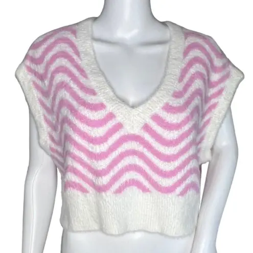 Kendall & Kylie Sweater Womens Small White Pink Stripe Vest Fuzzy Edgy Preppy