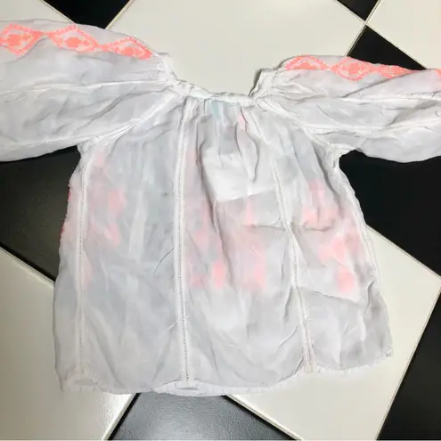 Melissa Odabash Embroidered Peasant Blouse Crop Top White Neon Coral Summery sz8