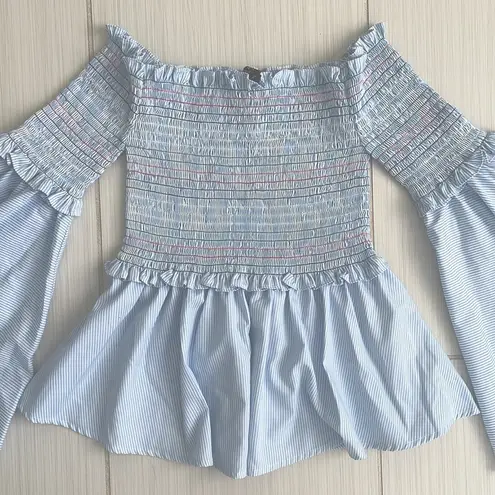 Central Park West Smocked Off the Shoulder Bell Sleeves Top Sz XS Blue White