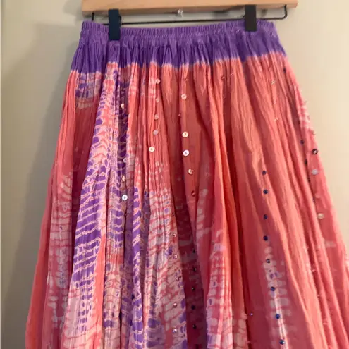 Boho Tie Dye Sequin Crinkle Maxi Skirt Pink Purple Elastic Waist Festival S/M Size undefined