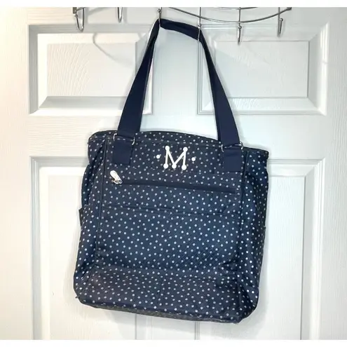 Thirty One Take Two Tote Backpack Navy Dancing Dot Embroidered "M" Diaper Bag Blue