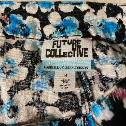 Future Collective Black & Blue Floral Linen Wrap Skirt 14 EUC