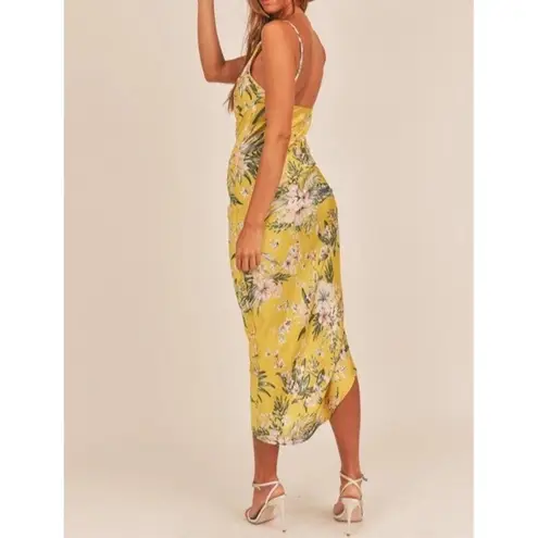 Mable Asymmetrical Yellow Floral Midi Dress Cinch Slit Cowl Neck Tropical Small