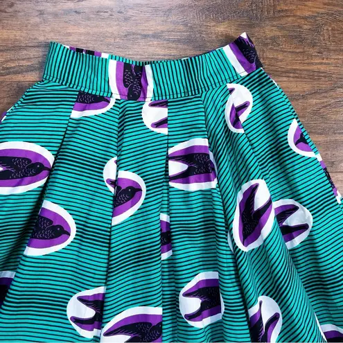 Francis + Benedict • pleated skirt African wax print cotton birds green purple Size XS