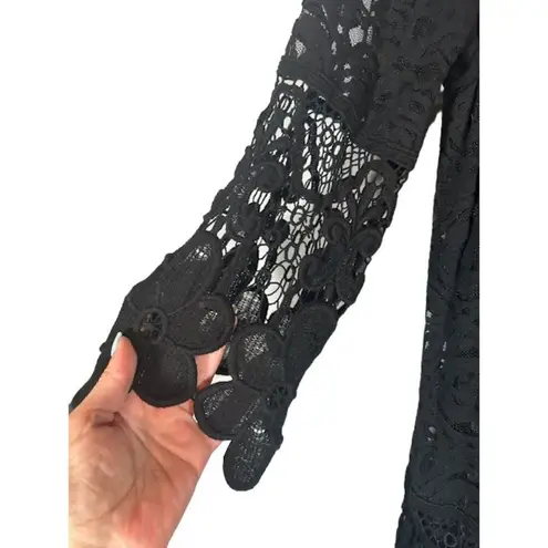 Alfani Black Long Sleeve Lace Applique Detail Scalloped Trim Blouse Women Sz L