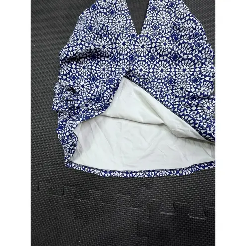 Helen Jon Halter Tankini Swim Top Navy White Geometric Print USA Made Stretch L Blue Size L
