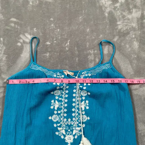 Pink Chicken Dress Womens Medium Blue Boho Hippie Gauzy Embroidered Flowy Tassel