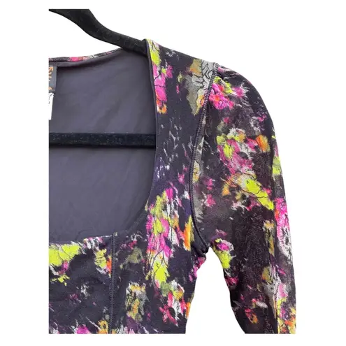 Jean Paul Gaultier Soleil Fuzzi Black Floral Print Mesh Bodycon Dress Medium