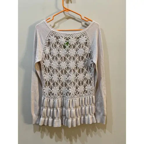 SIONI Ruffle Hem Crochet Open Back Tunic Size Large Cream Wool Sweater Boho