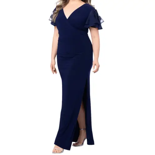 Betsy and Adam Plus Long Jersey Knit Sequin Sleeve Dress - Navy 22W