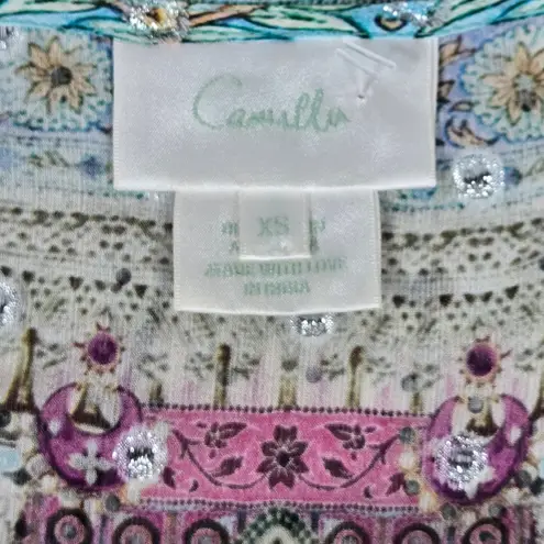 Camilla Silk Drop Shoulder Metallic Sparkle Embellished Boho Top Blouse XS