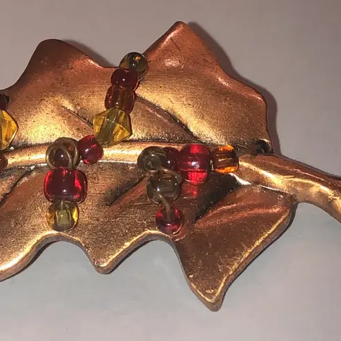 Copper Leaf Brooch with Wire Beaded Accents Brown