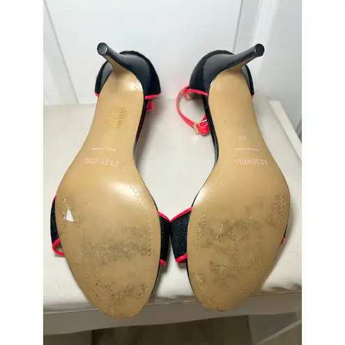 ESSENTIEL Antwerp Heels Sandals Black Pony Hair Neon Pink Trim Ankle Strap 9.5