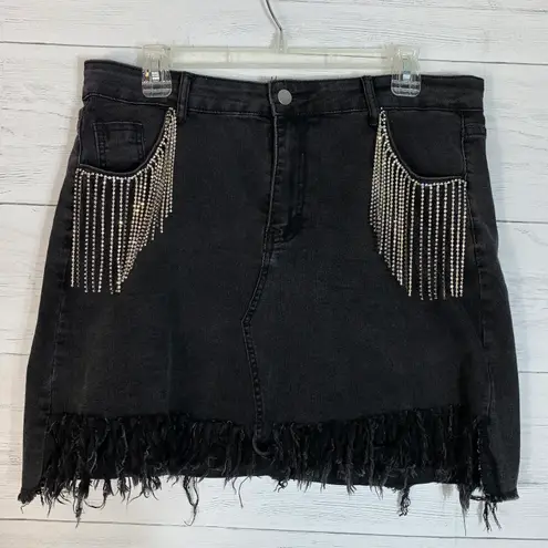 Rhinestone fringe black denim mini skirt size XL