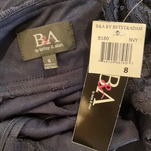 Betsy and Adam Sequined Lace Embellished Long Column Evening Gown Navy Blue Size 8